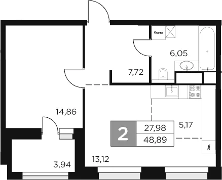 Планировка: Евродвушка 46,9 м² в ЖК «Восток 2»