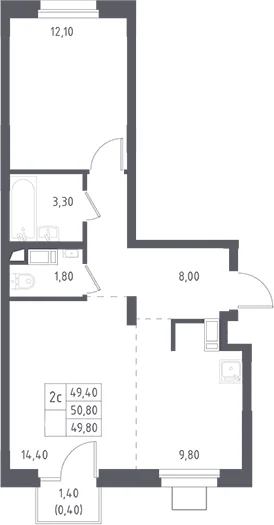 Планировка: Евродвушка 50,9 м² в ЖК «Люберцы»