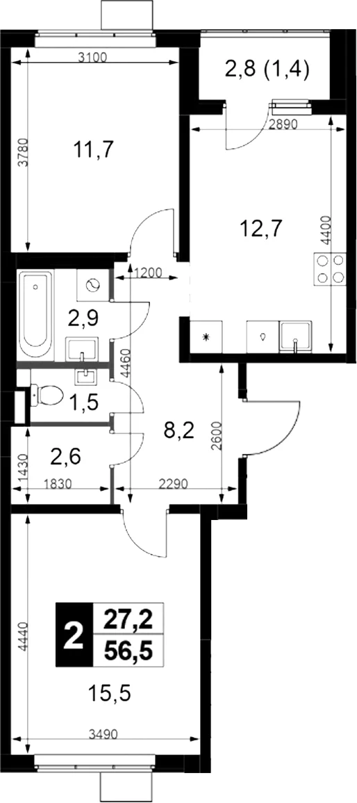 Планировка: 2-комнатная квартира 55,1 м² в ЖК «1-й Химкинский»