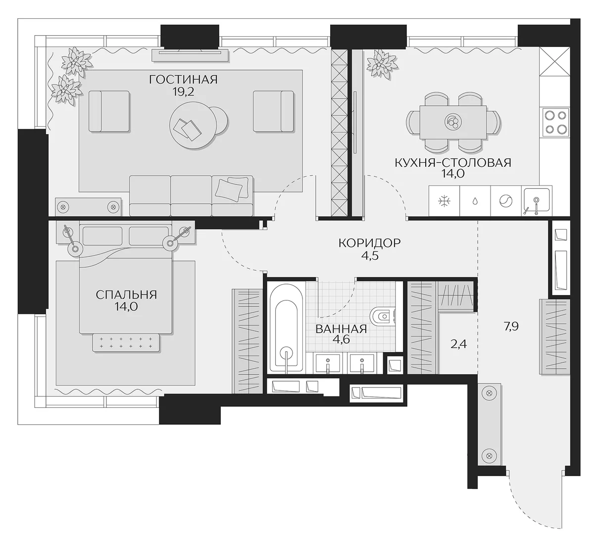 Планировка: 2-комнатная квартира 66,6 м² в ЖК «Кутузов Сити»