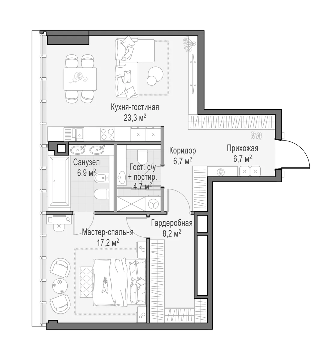 Планировка: Евродвушка 73,6 м² в ЖК «Клубный квартал Фрунзенский»