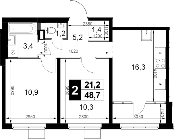 Планировка: Евротрёшка 48,7 м² в ЖК «1-й Химкинский»