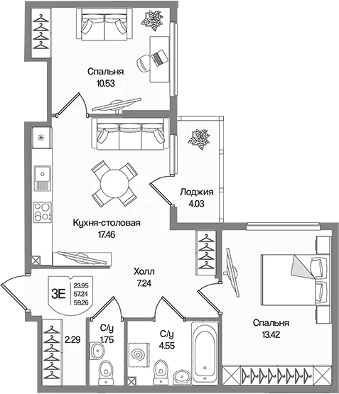 Планировка: Евротрёшка 57,2 м² в ЖК «Охтинские высоты»