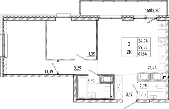 Планировка: Евротрёшка 59,4 м² в ЖК «Окла Вижн»