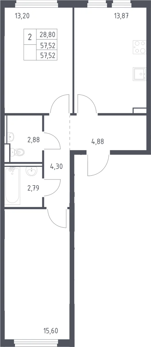 Планировка: 2-комнатная квартира 57,5 м² в ЖК «Пригород Лесное»