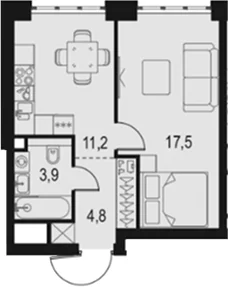 Планировка: 1-комнатная квартира 37,4 м² в ЖК «Левел Южнопортовая»