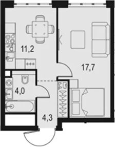 Планировка: 1-комнатная квартира 37,2 м² в ЖК «Левел Южнопортовая»