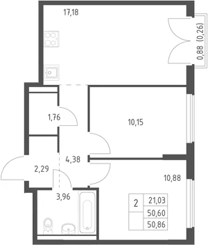 Планировка: Евротрёшка 50,6 м² в ЖК «Егорово парк»