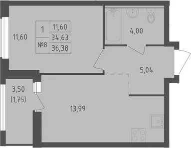 Планировка: 1-комнатная квартира 34,6 м² в ЖК «Южная Нева»