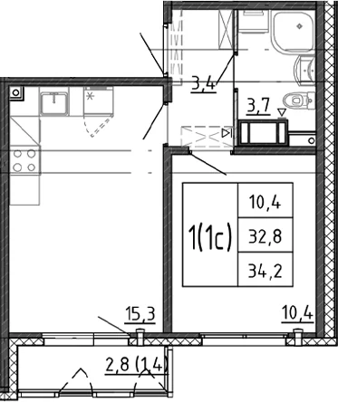 Планировка: Евродвушка 32,8 м² в ЖК «Ручьи 2»