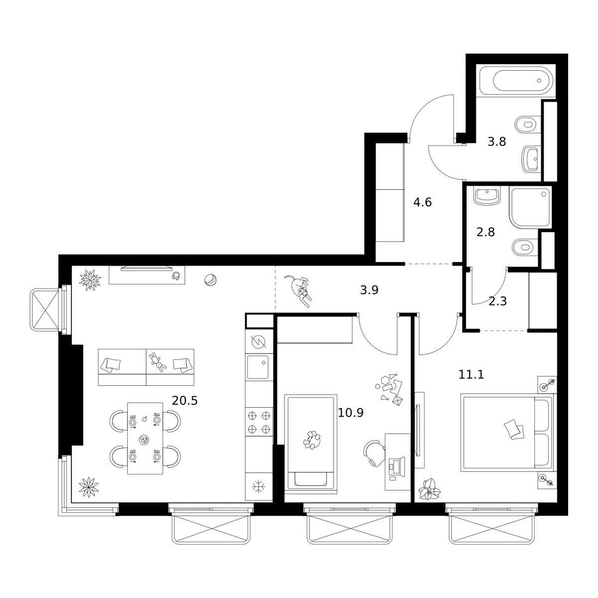 Планировка: 2-комнатная квартира 59,9 м² в ЖК «2-й Иртышский»