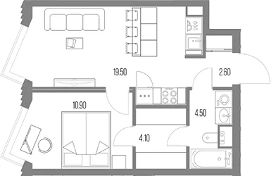 Планировка: 1-комнатная квартира 41,6 м² в ЖК «Северный Порт»