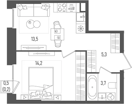Планировка: 1-комнатная квартира 36,7 м² в ЖК «Пейв»