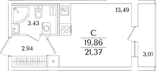 Планировка: Студия 19,9 м² в ЖК «Кинопарк»