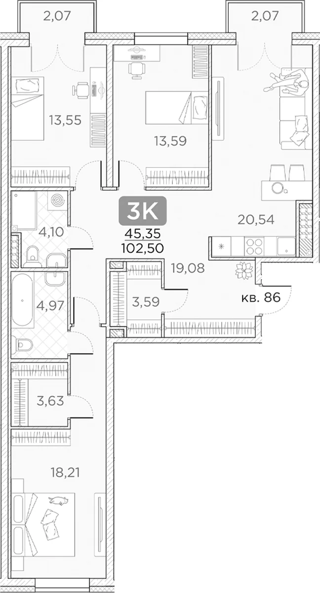 Планировка: Квартира евро-4 101,3 м² в ЖК «Гильдия»