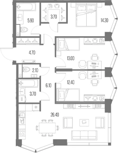 Планировка: 3-комнатная квартира 92,3 м² в ЖК «Северный Порт»