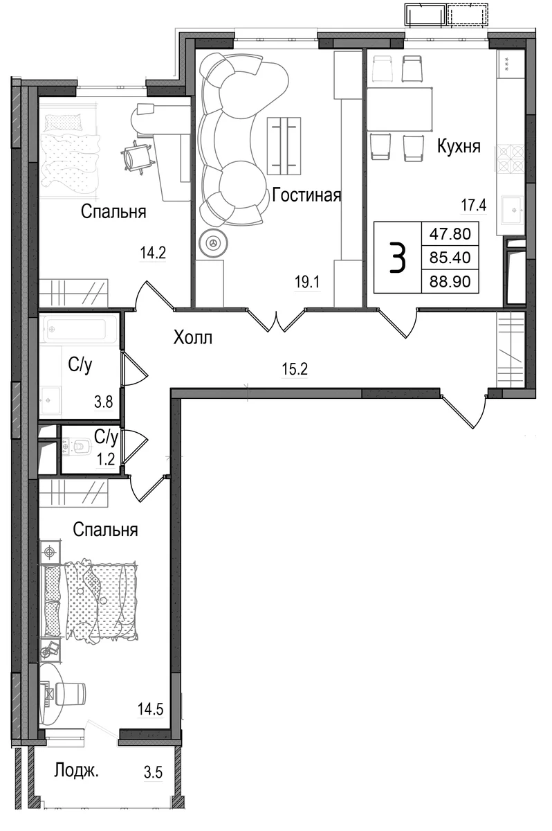 Планировка: 3-комнатная квартира 85,4 м² в ЖК «Школьный»