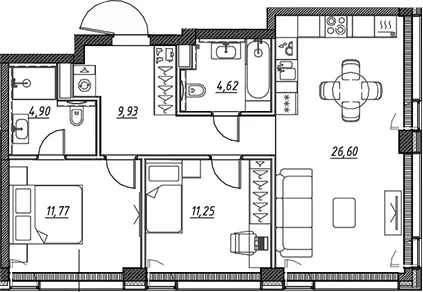Планировка: Евротрёшка 69,1 м² в ЖК «Веер»