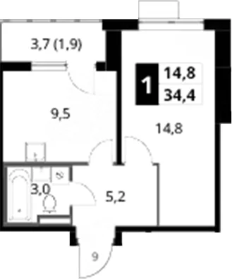 Планировка: 1-комнатная квартира 32,5 м² в ЖК «1-й Донской»