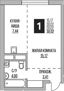Планировка: Студия 30 м² в ЖК «Гранель Притяжение Сити»