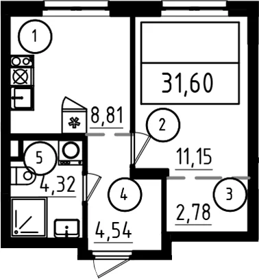 Планировка: 1-комнатная квартира 31,6 м² в ЖК «А101 Лаголово»