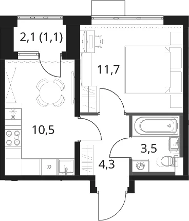 Планировка: 1-комнатная квартира 30 м² в ЖК «1-й Шереметьевский»