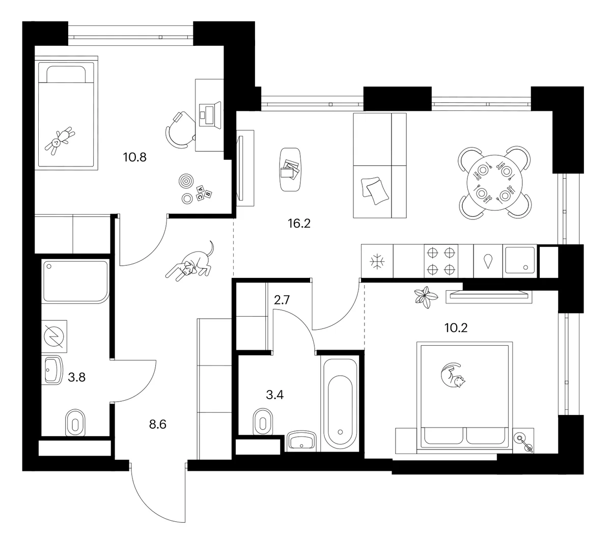 Планировка: 2-комнатная квартира 55,7 м² в ЖК «2-й Иртышский»