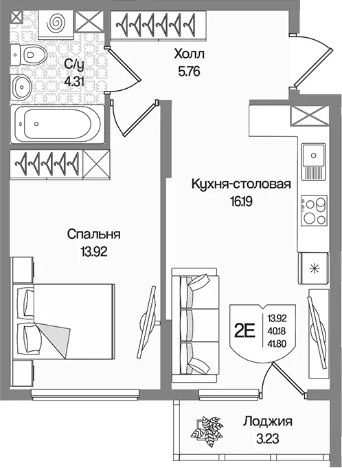 Планировка: Евродвушка 40,2 м² в ЖК «Охтинские высоты»