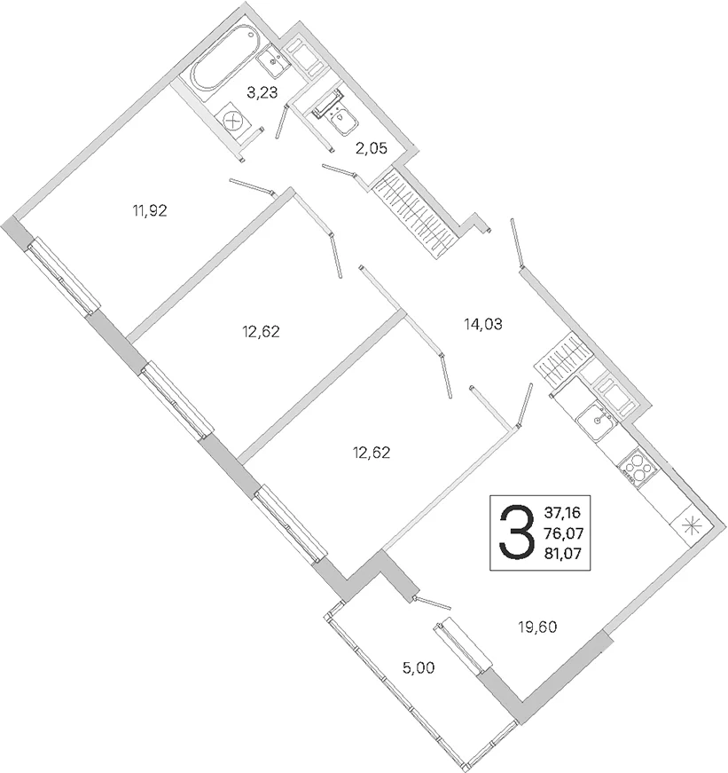 Планировка: 3-комнатная квартира 76,1 м² в ЖК «ЮгТаун. Олимпийские кварталы»