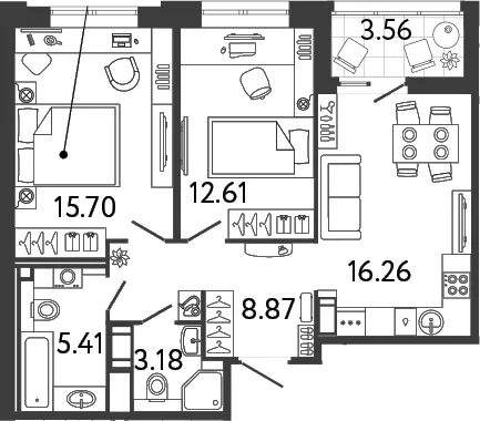 Планировка: Евротрёшка 62 м² в ЖК «Ultra City 3.0»