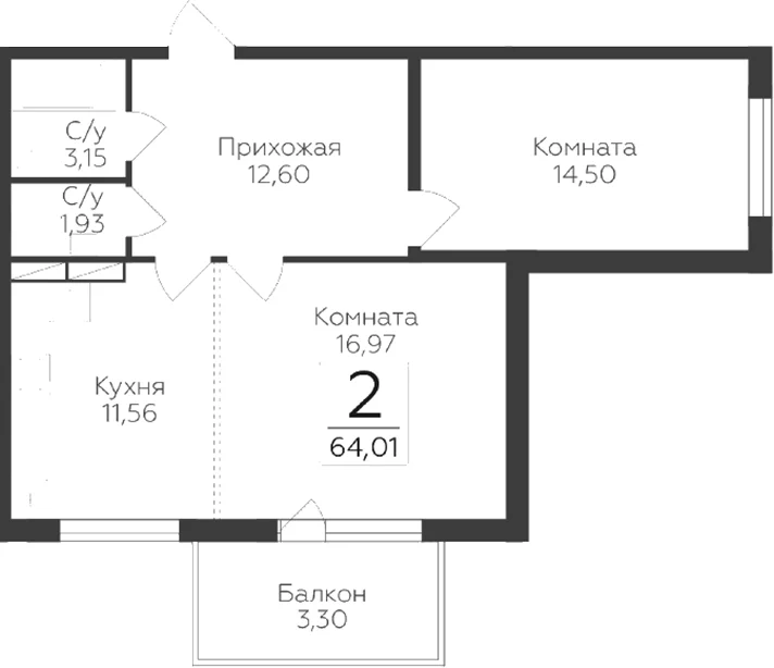 Планировка: 2-комнатная квартира 60,7 м² в ЖК «Панорама Юкки. ГК Развитие. Санкт-Петербург»