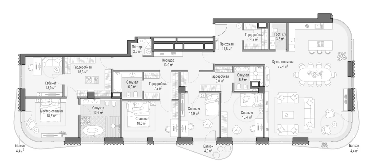 Планировка: 5-комнатная квартира 248,9 м² в ЖК «Дом Лаврушинский»