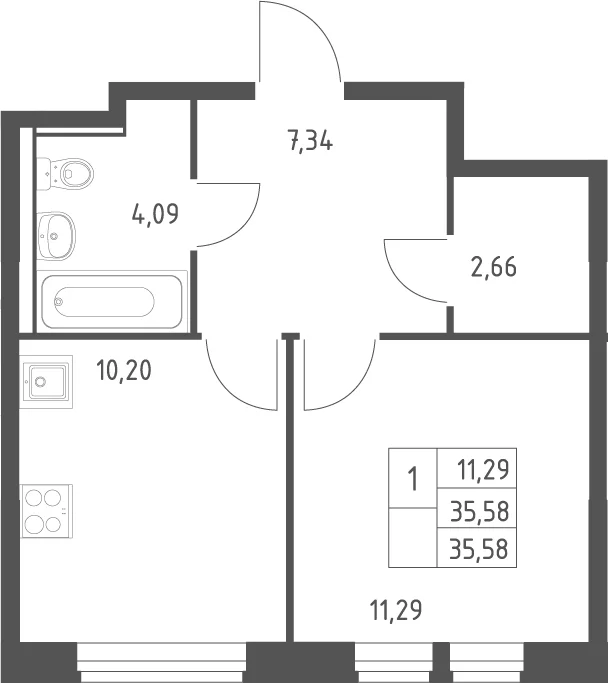 Планировка: 1-комнатная квартира 35,6 м² в ЖК «Квартал Ивакино»