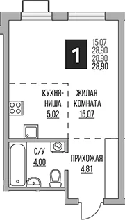 Планировка: Студия 28,9 м² в ЖК «Гранель Алексеевская роща»