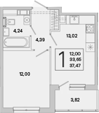 Планировка: 1-комнатная квартира 33,7 м² в ЖК «ЮгТаун. Олимпийские кварталы»