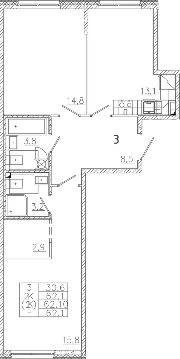Планировка: 2-комнатная квартира 62,1 м² в ЖК «Лисино»