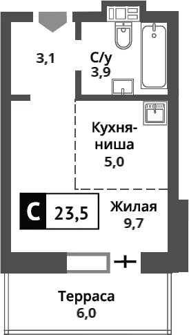 Планировка: Студия 21,7 м² в ЖК «Никольский квартал Отрада»
