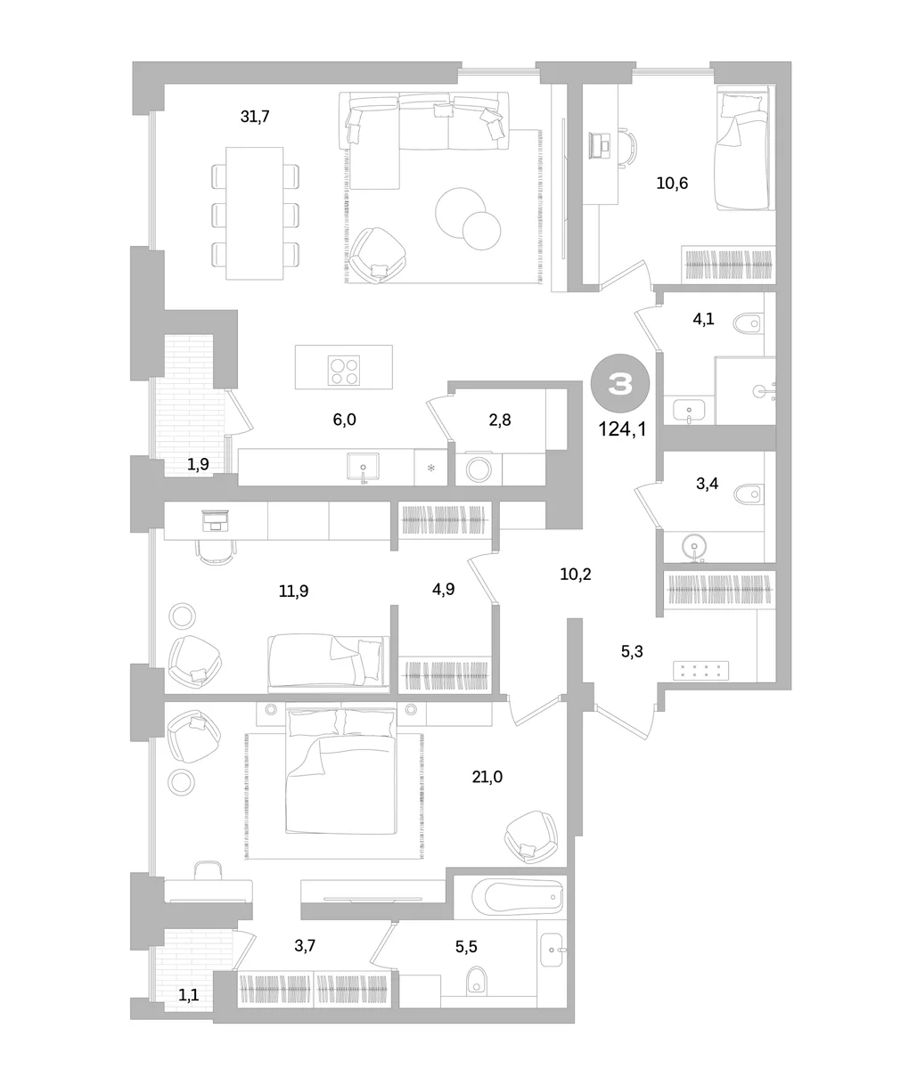Планировка: Квартира евро-4 121,1 м² в ЖК «Северный ветер»