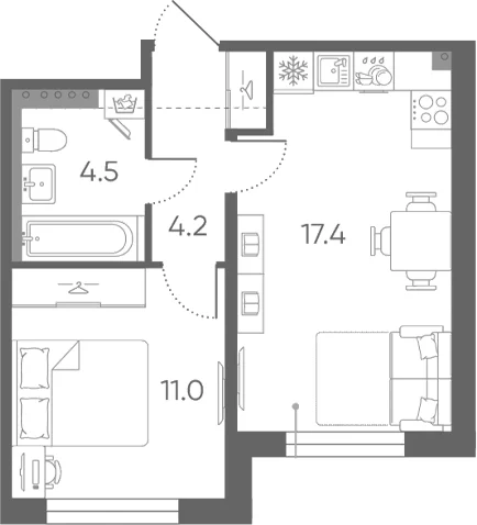 Планировка: Евродвушка 37,1 м² в ЖК «Пулково Лейк»