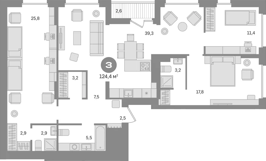 Планировка: 3-комнатная квартира 121,8 м² в ЖК «Первый квартал. Вторая очередь»