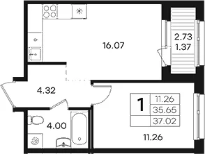 Планировка: Евродвушка 35,7 м² в ЖК «Парголово»