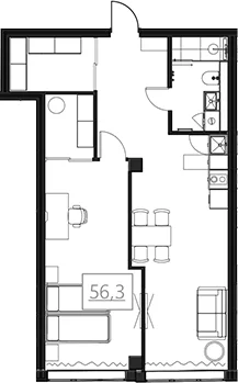 Планировка: Квартира 56,3 м² в ЖК «Омега-Апарт от Авеню Апарт»