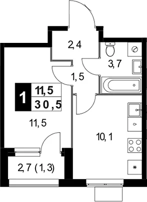 Планировка: 1-комнатная квартира 29,2 м² в ЖК «1-й Измайловский»