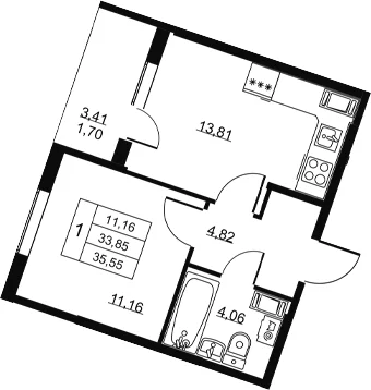 Планировка: 1-комнатная квартира 33,9 м² в ЖК «Высота. Всеволожск»