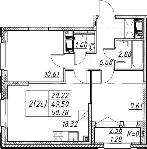 Планировка: Евротрёшка 49,5 м² в ЖК «Цивилизация на Неве»