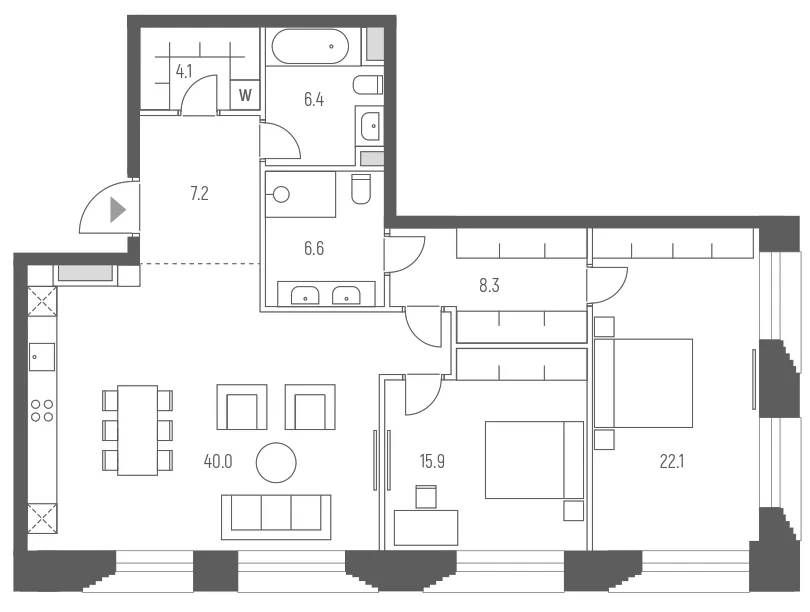 Планировка: Евротрёшка 110,6 м² в ЖК «Веспер Кутузовский»