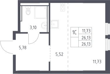 Планировка: Студия 26,1 м² в ЖК «Пригород Лесное»