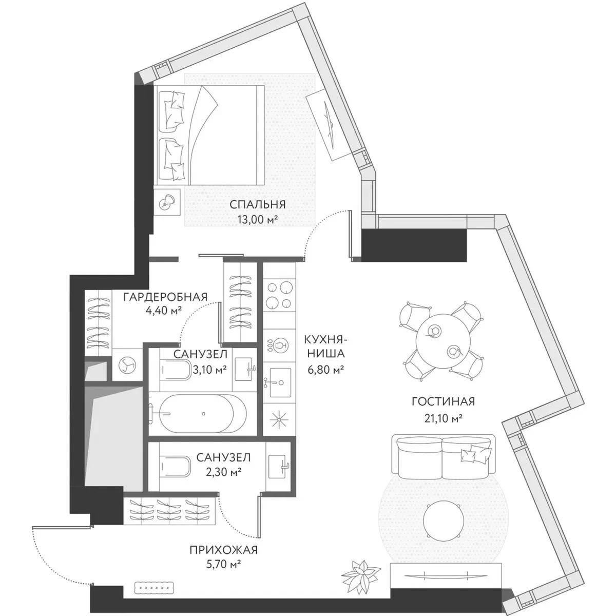 Планировка: Евродвушка 57,8 м² в ЖК «ХАЙДАУТ»