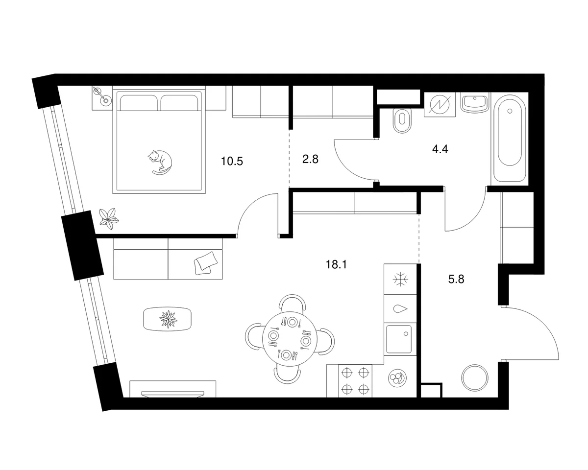 Планировка: 1-комнатная квартира 41,6 м² в ЖК «2-й Иртышский»