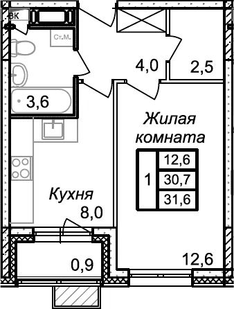 Планировка: 1-комнатная квартира 30,7 м² в ЖК «Квартал Светлый»